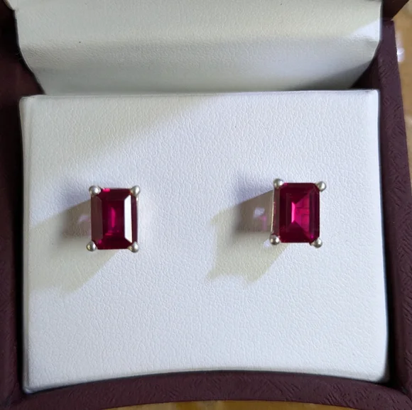 Lab Created Emerald cut Ruby studs in sterling silver - Picture 2 of 5